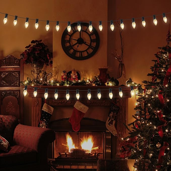 Abeja C7 LED Christmas Lights 25Ft C7 Frosted White String Lights with 27 Vintage Incandescent Bulbs (E12 Base 0.6W) Christmas Vintage String Light for Backyard Porch Balcony Party Decor