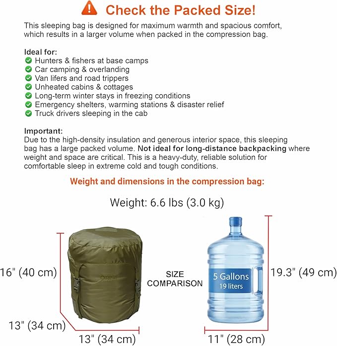 Derby XXL -20°F Extreme Cold Weather Sleeping Bag (0°F Comfort) – Big &amp Tall Adults 94x35 Waterproof Military Grade. OD Green Winter Tactical Sleeping Bag for Hunting Survival – Made in Ukraine