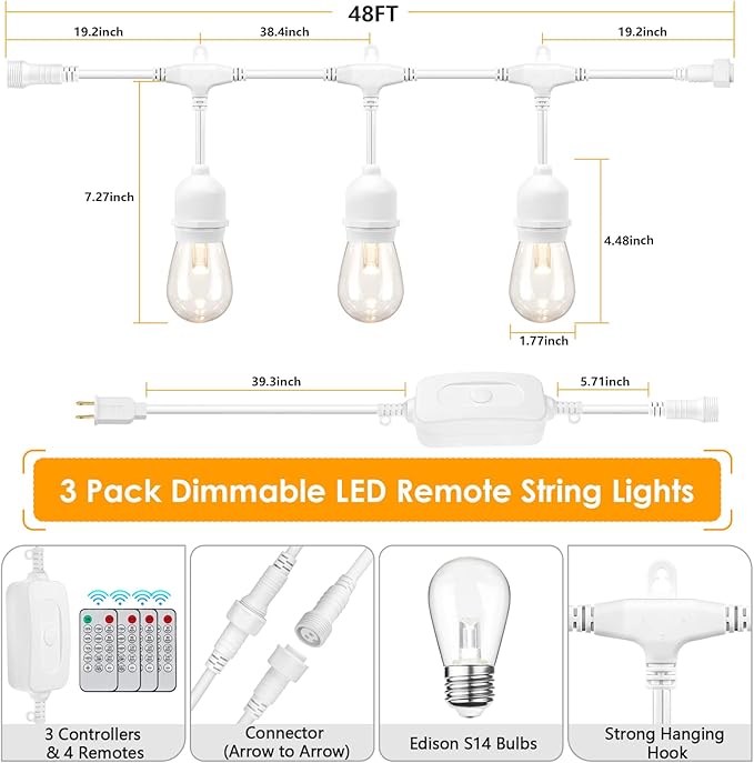 Mlambert 3 Color Outdoor LED Dimmable String Lights with Remote Plug in 144FT(3x48FT) Waterproof Shatterproof LED Light for Patio Backyard-White Cord