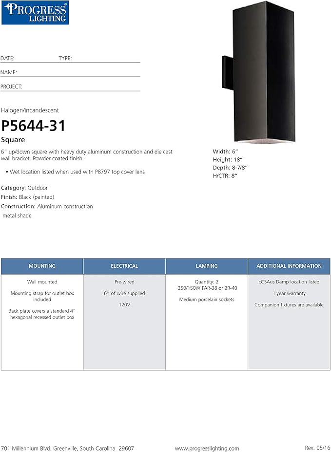 Progress Lighting 6-Inch Aluminum Outdoor Up/Down Wall Lantern Light Square Collection Matte Black P5644-31