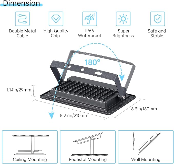 2 Pack LED Flood Light Outdoor 50W Plug In 5000LM Work Light IP66 Waterproof Outdoor Floodlights 6000K Daylight White Security Light for Yard Garage Garden