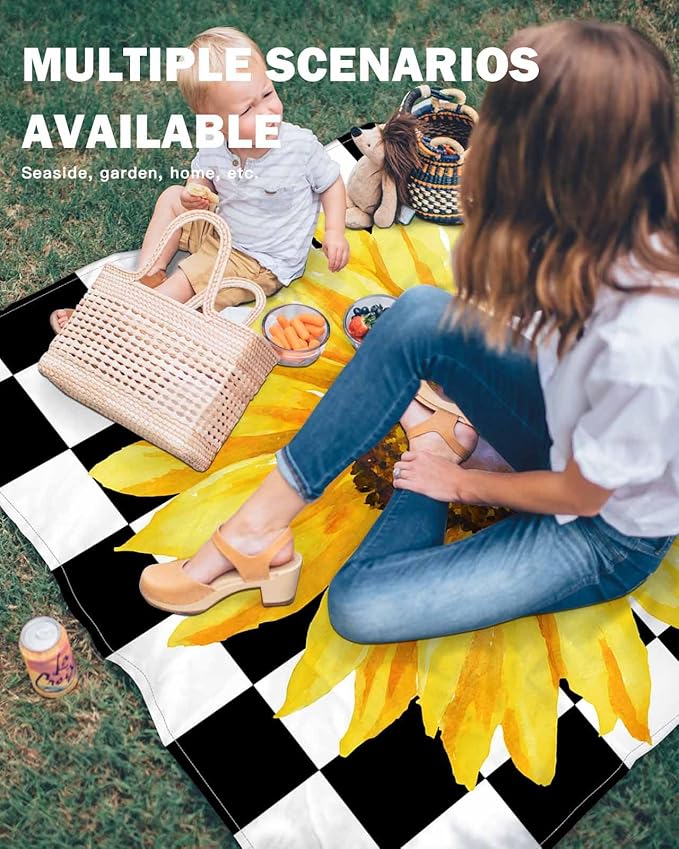 Beach Blanket Waterproof Sandproof Watercolor Sunflower on Checkered Quick Drying Beach Mat with 4 Stakes Yellow Black White Lightweight Picnic Blanket for Travel Camping Outdoor 108x84