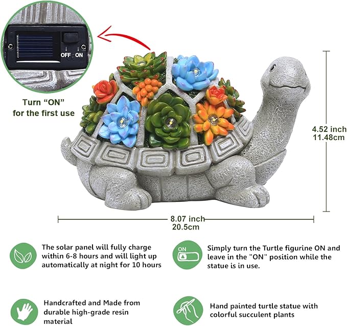 Nacome Solar Garden Outdoor Statues Turtle with Succulent and 7 LED Lights - Lawn Decor Tortoise Statue for Patio Balcony Yard Ornament - Chrismtas Gifts for Mom Grandma