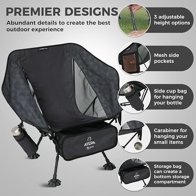 ATEPA UFO3.0 Backpacking Camping Chair Ultralight Extra Wide Comfortable Folding Chairs Heavy Duty Portable Hexagon Ergonomic Height Adjustable Seat with Anti-Sinking Feet for Hiking Outdoor Black
