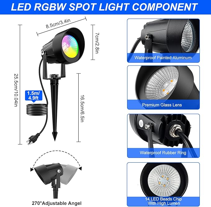 RGB Color Changing Spotlights Outdoor LED Landscape Lighting with Remote/APP Control Music Sync &amp Timing Mode IP65 Waterproof Outdoor for Yard Garden Pathway Christmas Halloween 4 Pack