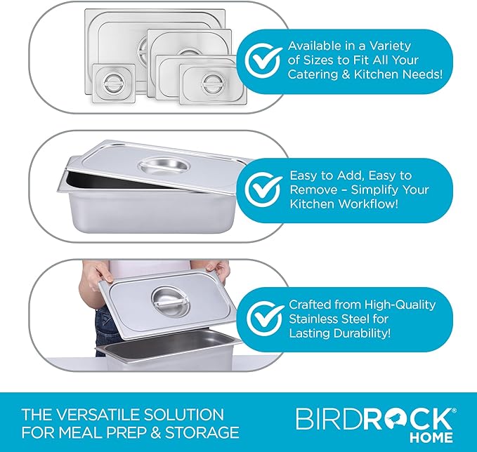 BIRDROCK HOME Stainless Steel Steam Table Pan Lids - Restaurant and Catering Supplies - 24 Gauge Steel - Perfect for Meal Prep Cooking and Food Storage Container - 6 Pack Fits 1/3-Size Hotel Pans