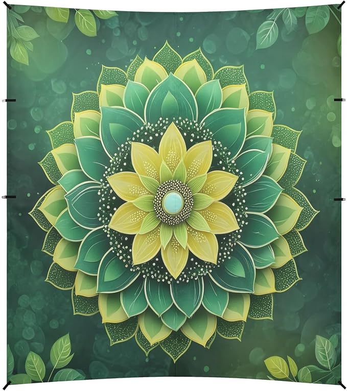 Mandala Texture Green Beach Tent Sun Shelter 9.2' x 10.5' Beach Canopy with 4 Sandbags 4 Stability Poles Sand Shovels - Tent Canopy for Beach Camping Fishing Picnics