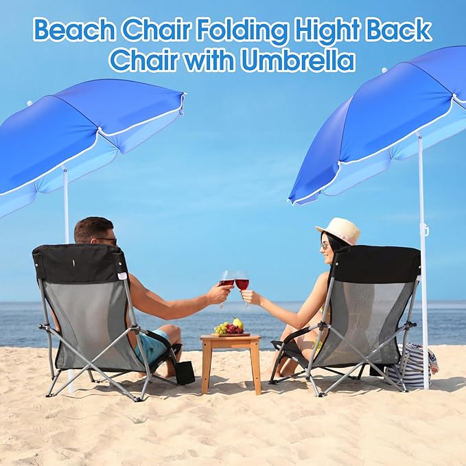Huwena 2 Pack Beach Chair for Adult with 2 Umbrella Low Folding Chair Detachable Adjustable Lightweight with Armrests Cup Holder Carry Bag Portable for Sand Camping Travel Outdoor Pool(Black)