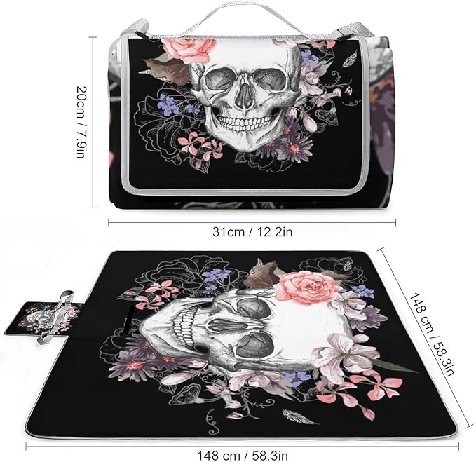 Vintage Halloween Black Victorian Gothic Skull Damask Waterproof Outdoor Picnic Blanket Sandproof Beach Mat for Camping Hiking Grass Travelling