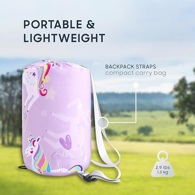 Wake In Cloud - Kids Sleeping Bag for Girls Toddlers Camping in Warm Cold Weather Backpacking Lightweight Compact Outdoor Liner for 3 Seasons Unicorns Rainbow Clouds