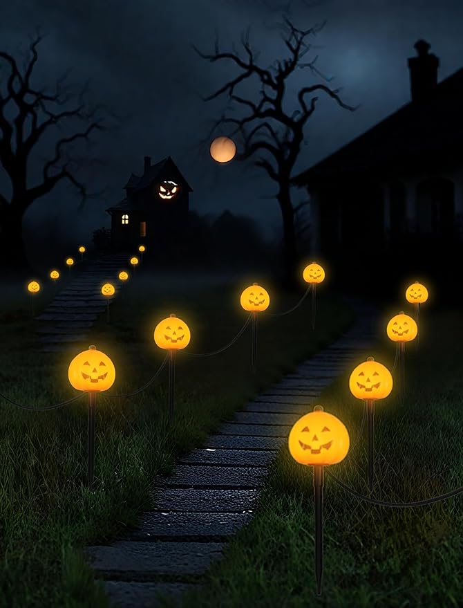 4 Pack Halloween Pumpkin Pathway Marker Lights with C7 Clear Bulbs 7Ft Pumpkin Night Light with 4 Stakes Extendable Waterproof Pathway Decor for Yard Porch Lawn Pathway Garden Chirstmas