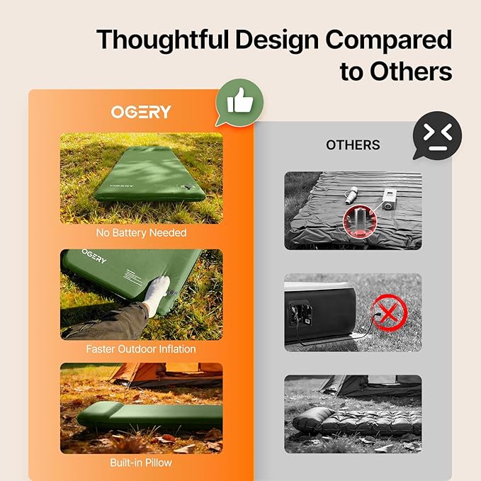 OGERY Self-Inflating Sleeping Pad with Built-in Foot Pump 3 Memory Foam Camping Mattress for Side Sleepers Quiet &amp Insulated Sleeping Mat Camping Essential Gear for Car Tent Camping