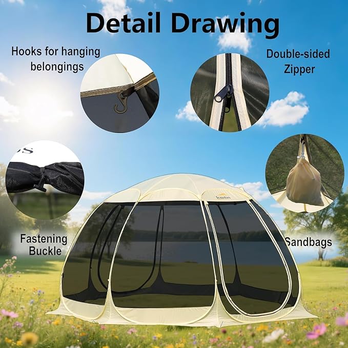 Pop Up Screen House 12.5'x12.5' Outdoor Screen Tent for Camping Screened Gazebo with Mosquito Netting Carry Bag