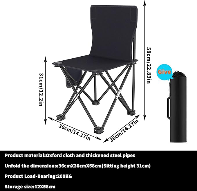 Portable Folding Stool for Camping | Outdoor Collapsible Stool Lightweight Compact Foldable Travel with Durable Oxford Fabric for Hiking Fishing Beach (Black)
