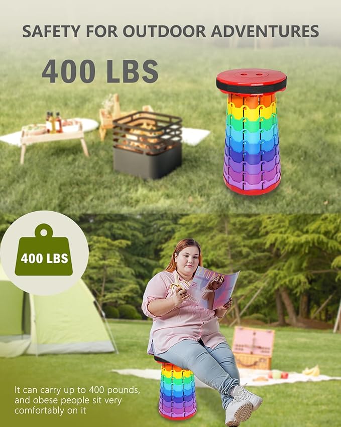 Upgraded Collapsible Stool 400LBS - Portable Adjustable Height (2.5-18) Quick Open Folding Seat for Camping Beach Travel (Rainbow Red)