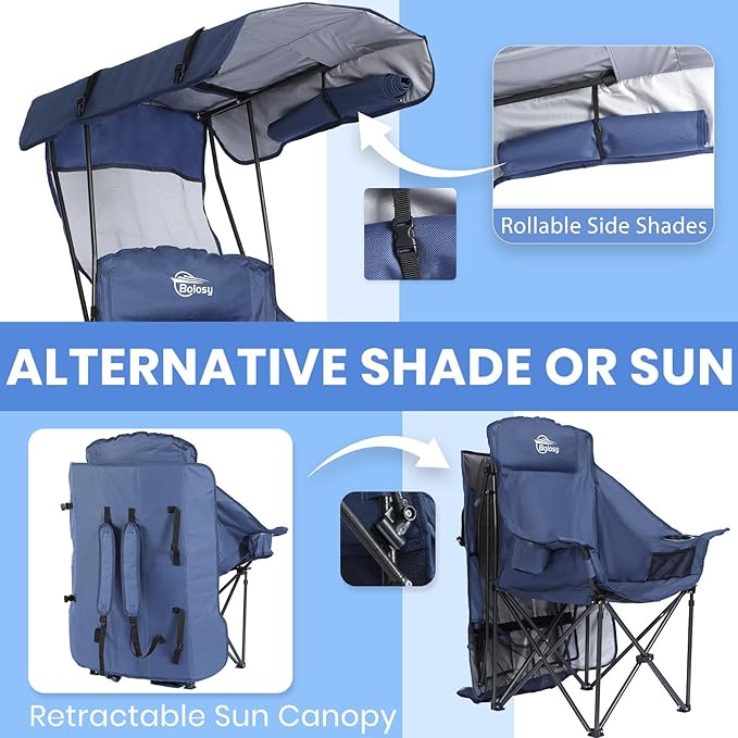 Camping Chair with Canopy Beach Chair with Canopy Shade Oversized Folding Canopy Chair for Camping Beach Picnics Fishing Sports - High Back Padded Headrest Cup Holder Pocket - Support 400 LBS