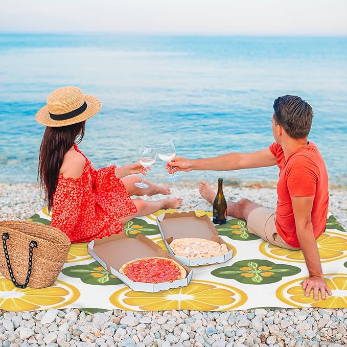 Waterproof Sandproof Beach Blanket 59''×68'' Citrus Slices Polyester Outdoor Picnic Blanket with 4 Stakes &amp Storage Bag for BeachCampingVacation White