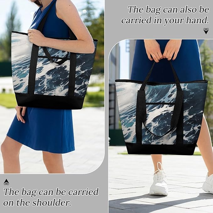 Insulated Shopping BagLarge Reusable Cooler Bags Beach Foam Wave Printed Foldable Shopping BagTravel Waterproof Shoulder Bag