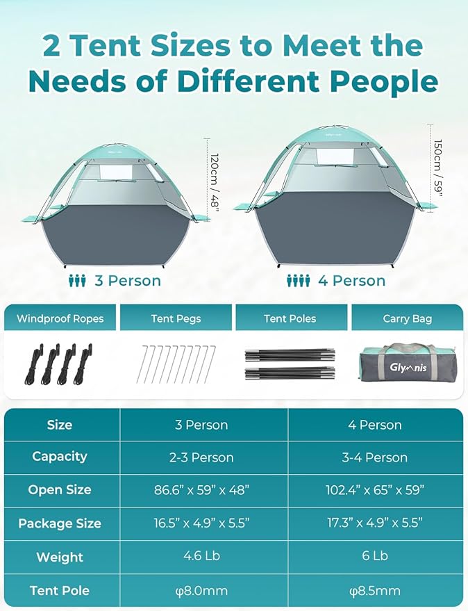 Glymnis Beach Tent Sun Shelter for 4 Person with UPF 50+ UV Protection Lightweight &amp Easy Setup Beach Shade Canopy with Vent Windows &amp Zippered Door - Green
