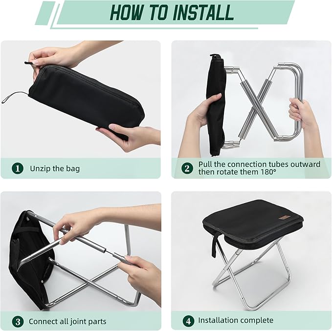 Portable Stool 13 Inch Small Folding Stool for Adults 300LBS Capacity Aluminum Alloy Folding Portable Fishing Collapsible Chair for Camping Black