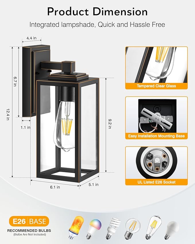 VIANIS Exterior Lights for House Outdoor Wall Sconce Lantern Black Outdoor Light Fixtures Lantern with Clear Toughened Glass Shade for Garage Garden Patio Waterproof100% Aluminum