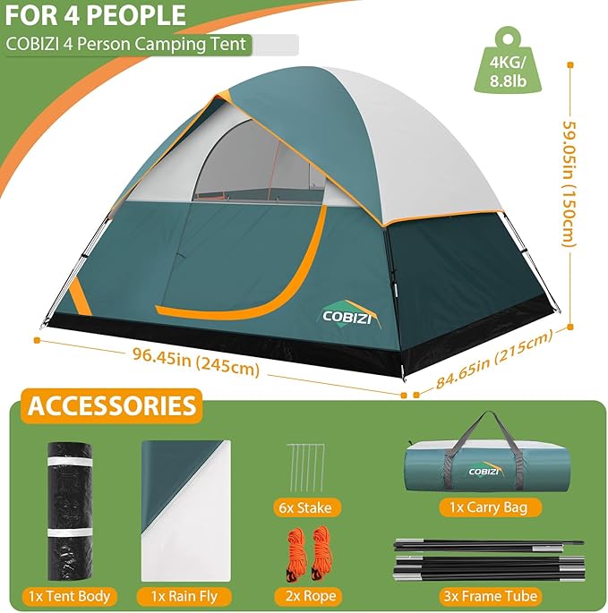 COBIZI Tents for Camping 4/6 Person Camping Tent with Rainfly and Screen Easy Setup Lightweight Portable Waterproof Outdoor Tent with Carry Bag for Backpacking Hiking Family Travel