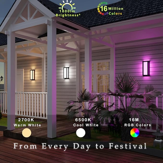 Smart Outdoor Lights Color Changing 2 Pack RGB+2700K-6500K Outdoor Wall Sconce Aluminum Exterior Lighting Fixtures Waterproof Antirust APP Control Up and Down Lights