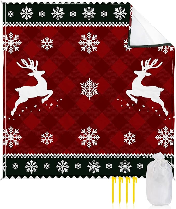 Beach Blanket Waterproof Sandproof OversizedChristmas Animal Elk Red Buffalo Plaid Beach Mat with Corner Stakes Sand PocketsWinter Snowflake White Shadow Outdoor Picnic Mat for Travel 83x79In