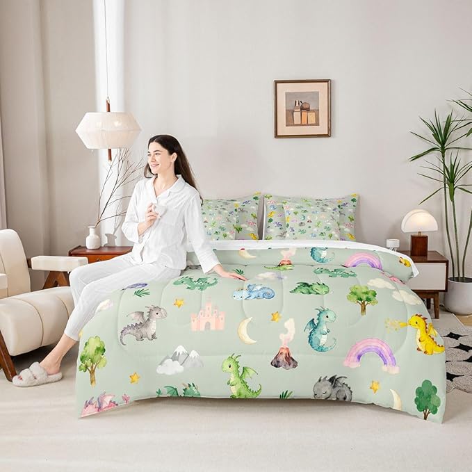 Baby Dragon 7 Piece Bedding Set Queen Size Animal Comforter Set with SheetsPillowcases &amp Cushion Cover for Boys Girls Bedroom Decor Cartoon Wildlife Bed in a Bag Microfiber Women Men Green Gray
