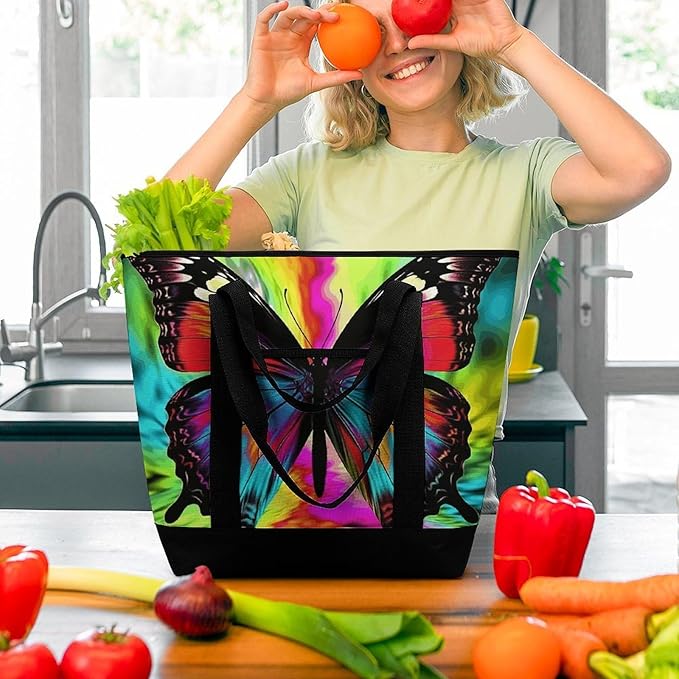 Insulated Shopping BagLarge Reusable Cooler Bags Colorful Butterfly Printed Foldable Shopping BagTravel Waterproof Shoulder Bag