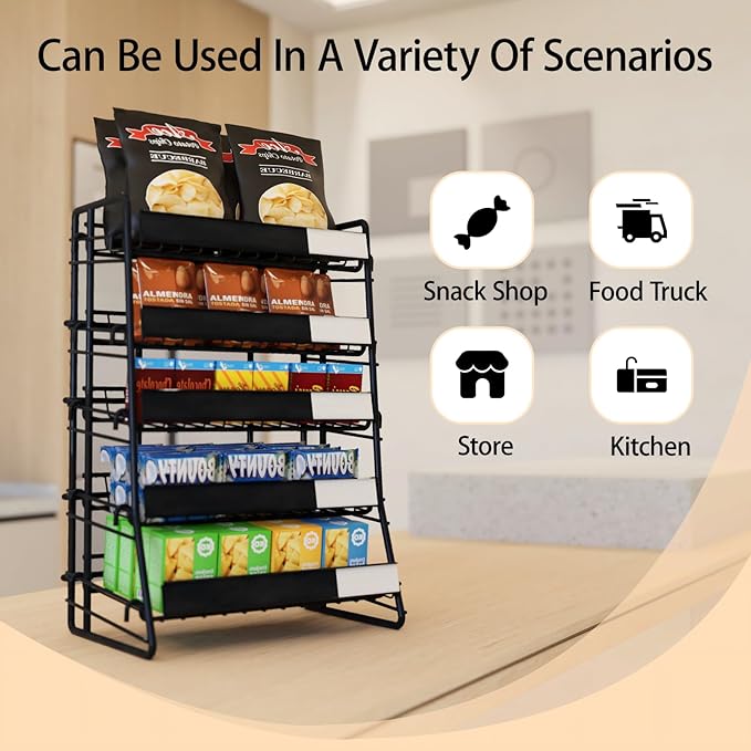 Candy Display Rack Black Snack Rack 5 Tier Metal Snack Organizer for Counter Retail Display Shelf for Store Concession Kitchen