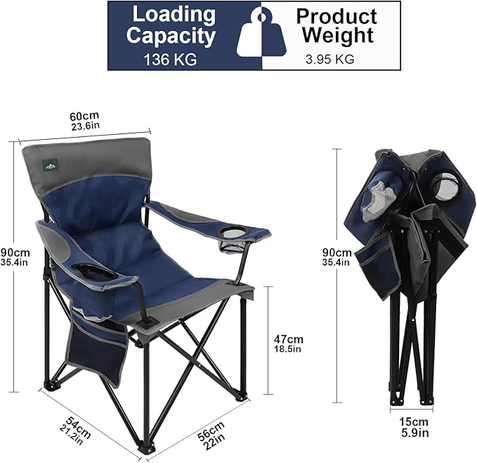 Oversized Folding Camping ChairHeavy Duty Padded Portable Lawn ChairSoft&ampComfortableTear-Resistant Fabricw/2Extra Large Cup HolderStorage PocketCarry BagOutdoor Beach Garden Fishing.Dark Bl