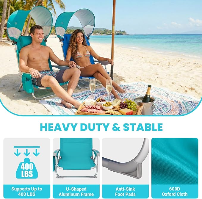 #WEJOY Beach Chair with Canopy Shade Reclining Adjustable 4 Position Lay Flat Lightweight Folding Portable Aluminum Chair with Backpack StrapsPadded headrest Heavy Duty 400lbs Lawn Chair for Beach