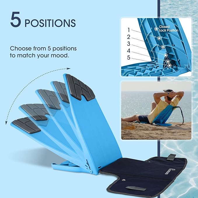 Portable Ground Chair for Beach Camping Park &amp Stadium – 5-Position Recline Wearable Lightweight – Slim Style – (Blue)