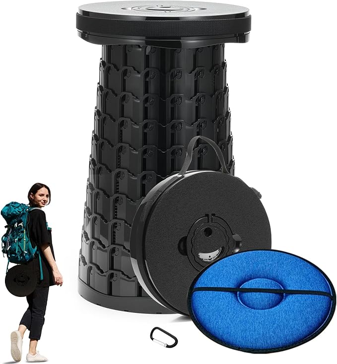 Upgraded Collapsible Stool with Cushion 1000 lbs Capacity &amp 19.7-in High Wider &amp Taller Heavy Duty Portable Telescoping Foldable Seat for Adults Camping Travel Music Festivals Outdoors
