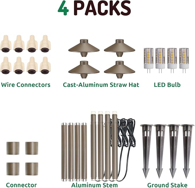 Lumina Lighting® Low Voltage Landscape Lighting Cast-Aluminum Path and Area Light Warm White 3W G4 LED Bulb and ABS Ground Stake Included for Yard Walkway Lawn PAL0106-BZLED4 (Bronze 4-Pack)