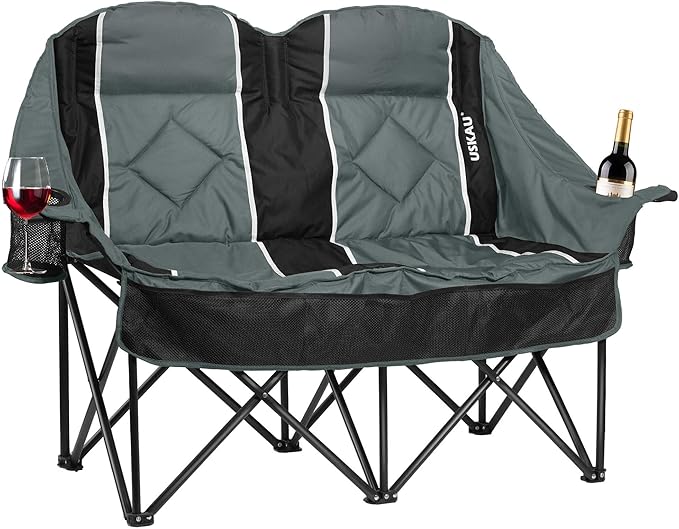 Oversized USLCamping Chair - 2 Person Portable Folding Outdoor Loveseat Heavy Duty Lawn Chairs for Adults with Padded Cushion &amp Dual Cup Holders Supports 660LBS for CampingSportsPicnic (Grey)