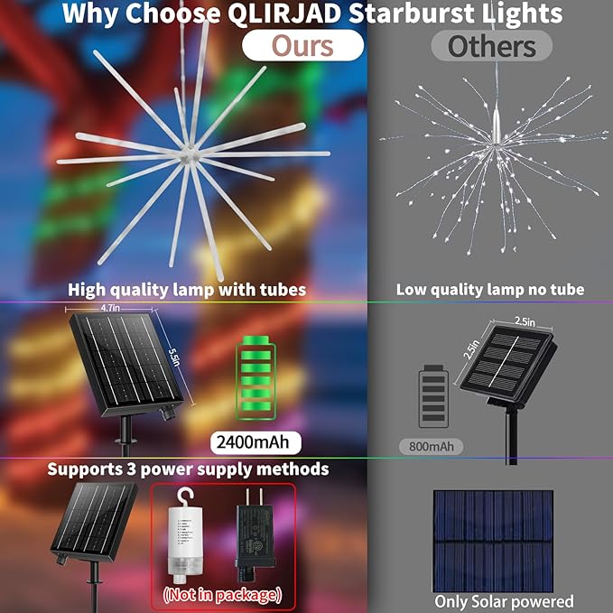 RGB Solar Firework Lights 3 Pack Color Changing Starburst Lights with Waterproof Remote Rechargeable Timer Hanging Firework Meteor Light for Garden Gazebo Porch Party Wedding Christmas Outdoor