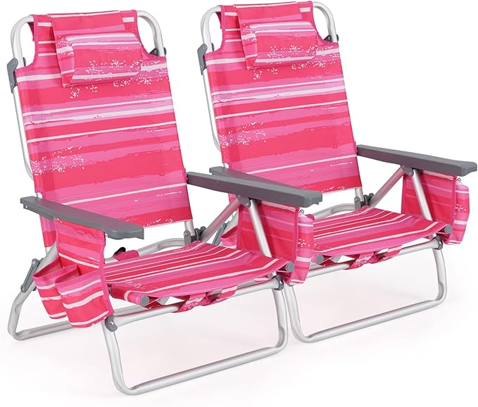 GYMAX Beach Chairs Backpack Camping Chair with Armrest Cooler Bag Cup Holder Towel Bar &amp Side Pockets Sunbath Sling Tanning Lounge Folding Layout Chair (Without Table Pink Stripe)