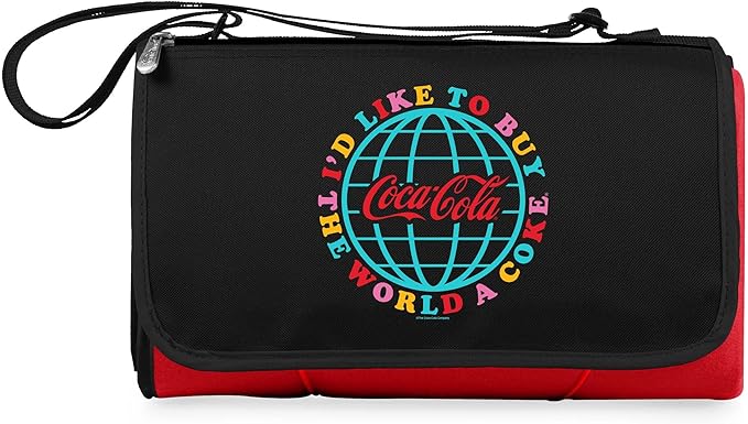 PICNIC TIME Coca-Cola Unity Buy the World a Coke Blanket Tote Picnic Blanket Folding Outdoor Beach and Camping Blanket with Carry Tote and Zipper Pocket Water Resistant Fleece (Red with Black Flap)