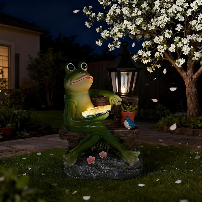 Reading Frog Solar Garden Statue with Lantern Light - Outdoor Decorative Resin Sculpture Weather-Resistant LED Solar Figurine for Yard Patio Garden Path Porch Ambience Lighting Decor