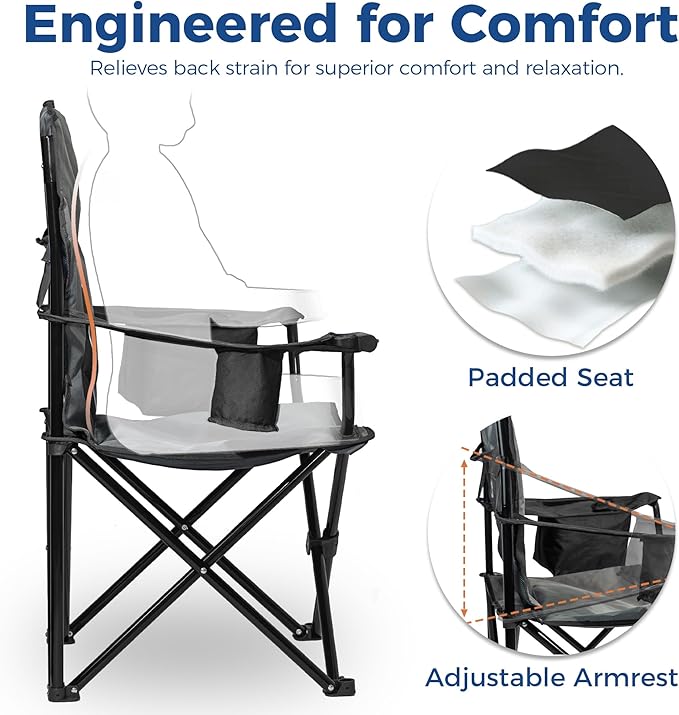 Oversized Padded Camping Chair Heavy Duty Steel Frame 450 lb Capacity Folding Camp Chair with 6-Can Cooler Carry Bag for Outdoor Camping Beach Hiking(Gray &amp Black)