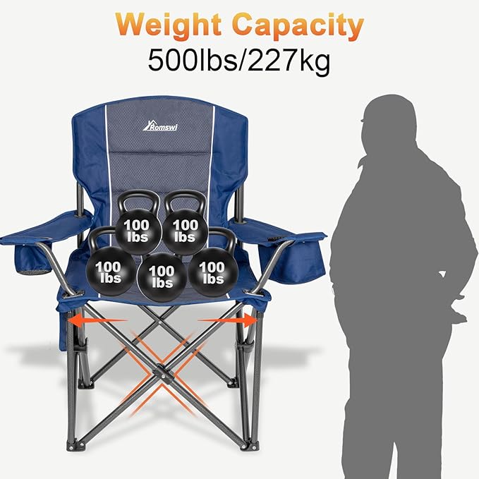 Romswi Oversized Camping ChairsHeavy Duty Support 500 LBSPadded Back &amp Arm Sport Chairs Cup Holder Cooler Bag Collapsible Folding Chairs for Outdoor Fishing &amp Garden Blue2-Pack