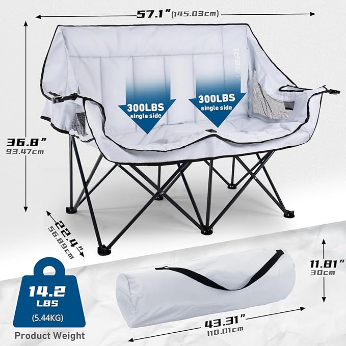 PUKAMI Oversized Double Camping Chair Folding Loveseat Camping Chair for Adults 2 Person Camping Couch Heavy Duty Camping Chairs Portable Outdoor Lawn Chairs with Cup Holder
