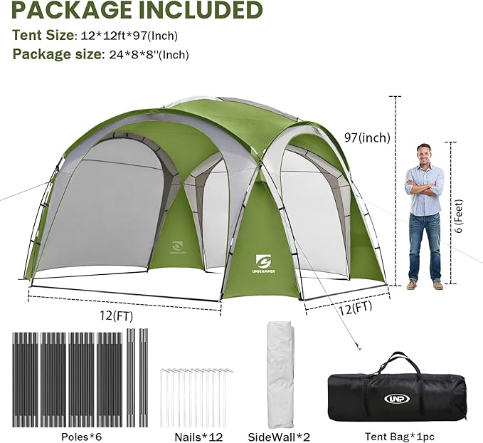 Beach Tent 12 X 12ft Large UPF50+ Pop Up Canopy with 2-Pcs Side Wall Sun Shelter Rainproof Waterproof for Camping Trips Backyard Fun Fishing Parties Or Picnics(Green)