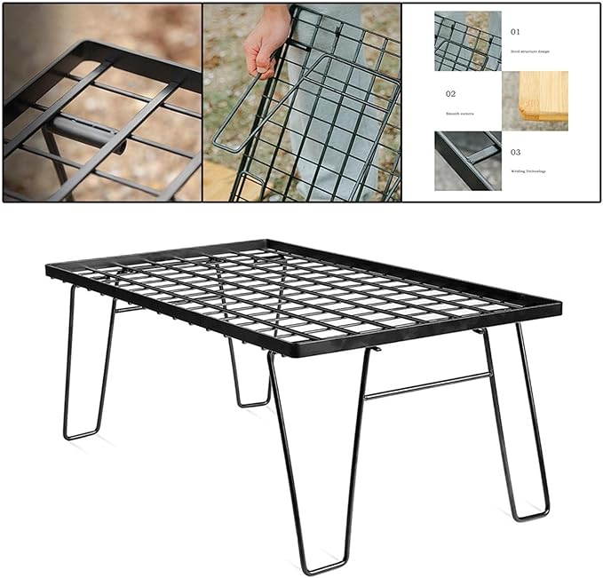 Outdoor Folding Table with Charcoal Grill Plate Portable Desk and Multifunctional Camping Grill Rack Ideal Furniture for BBQ Beach and Garden