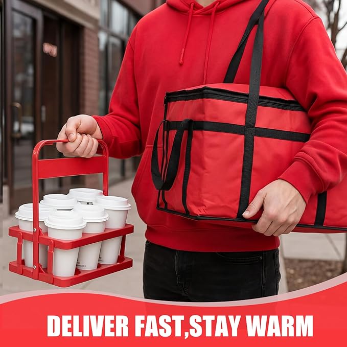 Insulated Food Delivery Bag Pizza Cooler Bag with Hard Bottom &amp Drink Carrier Thermal Hot Cold Grocery Tote for Food Delivery Travel Shopping and Catering(Red23 x 15 x 14 Inch)