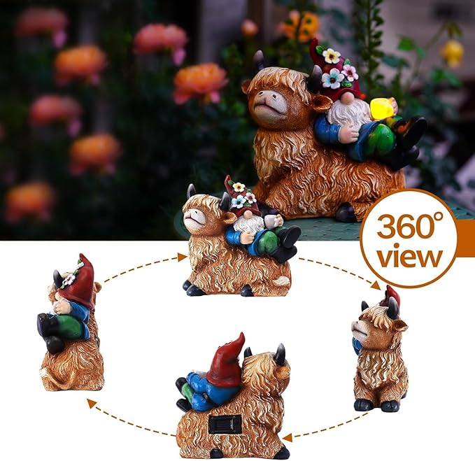 Garden Gnomes Decor Outdoor Statues Gnome on Highland Cow Hold Solar Cup Light Outdoor Decorations for PatioYard and Gift for Mom