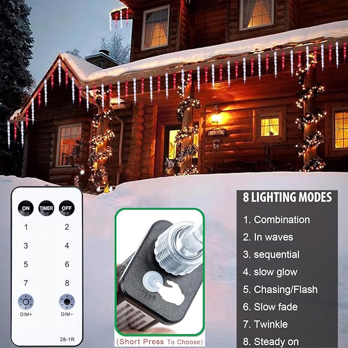 Red and White Icicle Christmas Lights - Outdoor &amp Indoor Hanging with 20 Large Tubes 29FT 8 Modes with Timer Connectable Meteor Shower Lights for Candy Cane Theme Decoration
