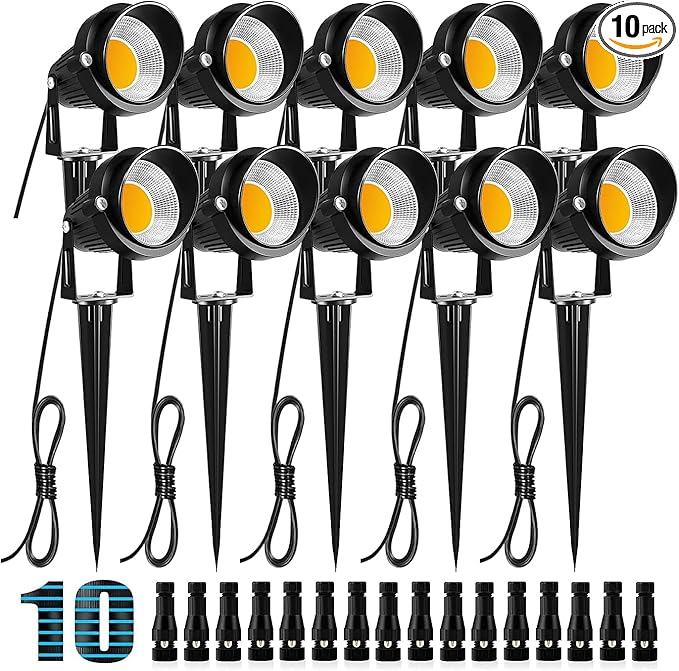 ZUCKEO 10W Low Voltage Landscape Lights LED Landscape Lighting with Connectors 12V Waterproof Outdoor Landscape Spotlights Floor Yard Lawn Best Garden Lights 1000LM Warm White (10Pack with Connector)
